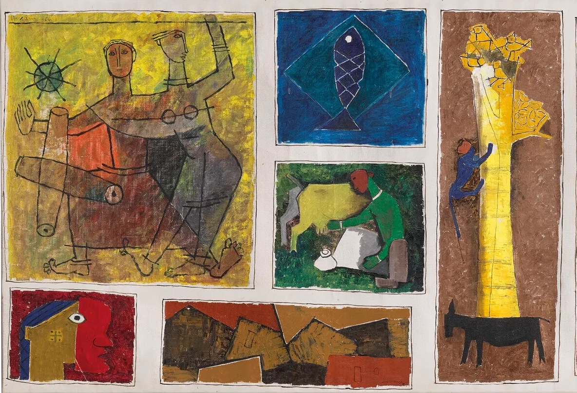 A photograph of a small portion of M.F. Husain’s nearly 14 feet long painting “Untitled (Gram Yatra)” which features several different size boxes with individual paintings that feature drawings of people and animals within each box,