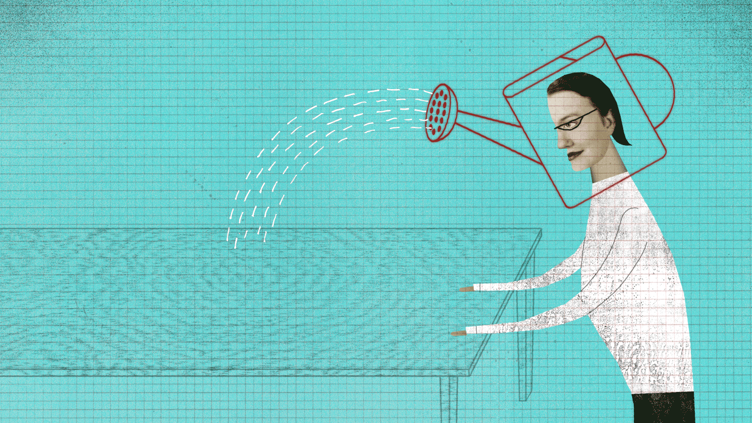 An illustration of a person with a watering can as their head, pouring water onto a table. The background is teal with a grid pattern. The person is wearing glasses and a white shirt, and the image conveys a metaphor of nurturing or self-growth.