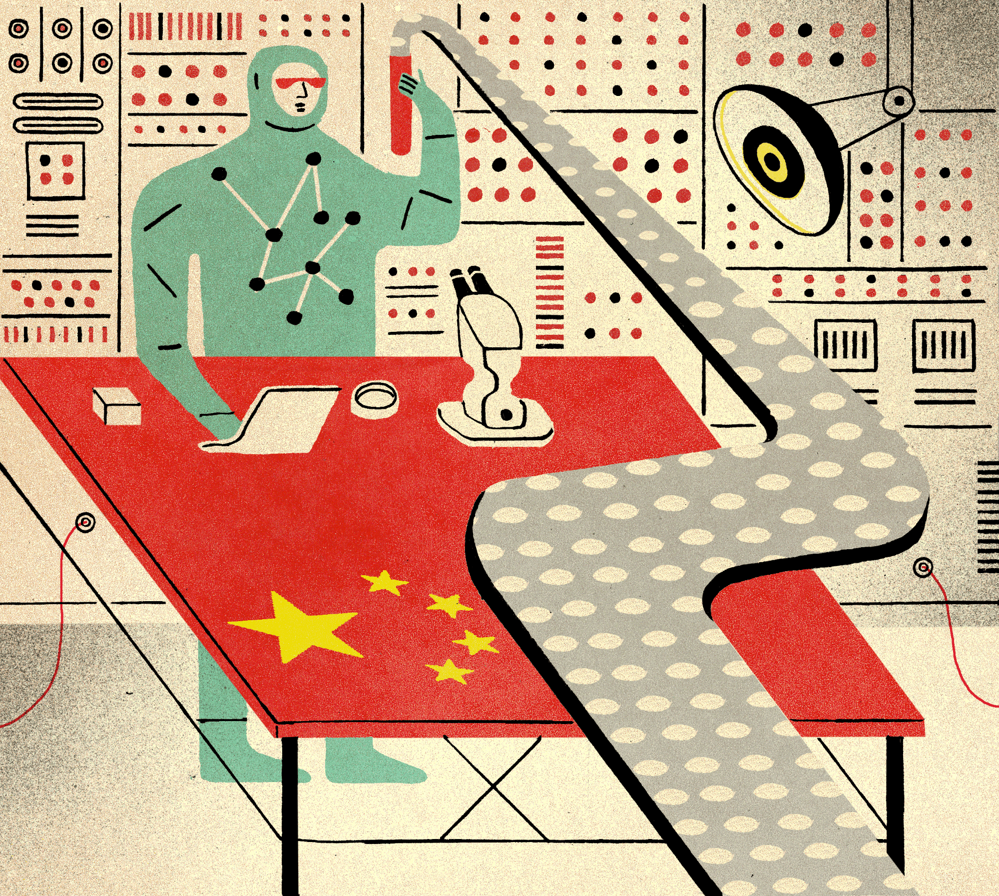 GIF Illustration of a scientist in a lab with the Chinese flag, holding a test tube amid lab equipment and control panels.