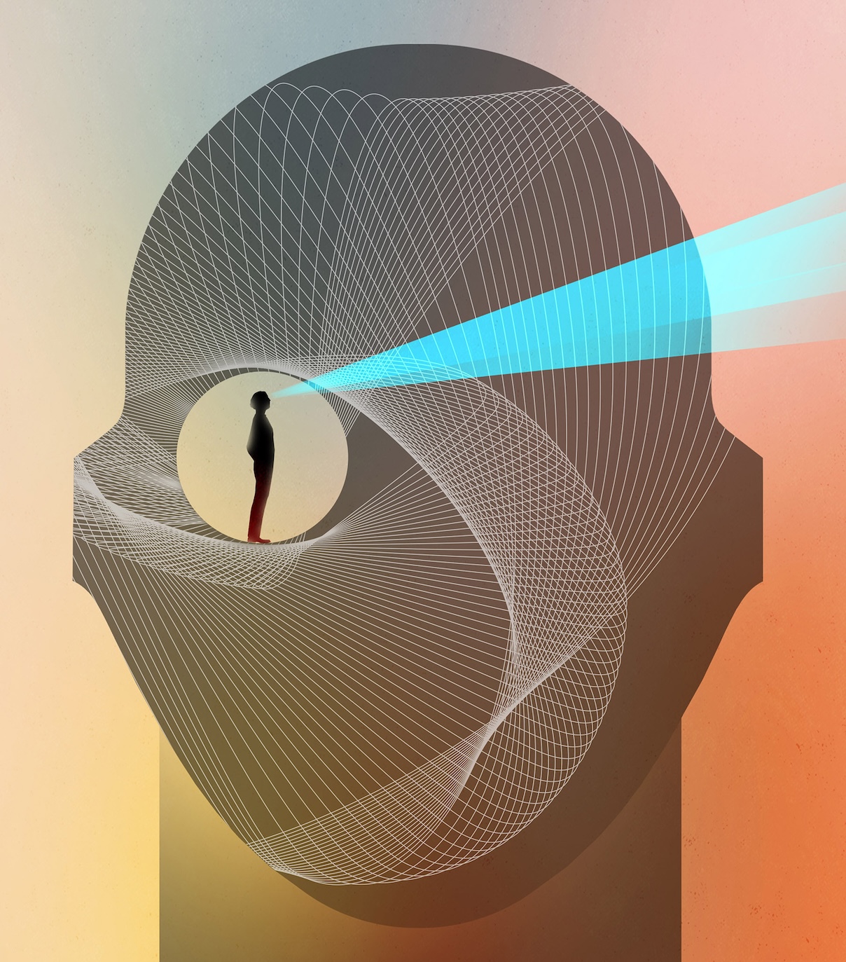 an illustration of a human head with an outline of a person in the left eye looking to the right with a beam of turquoise projecting outwards to the right