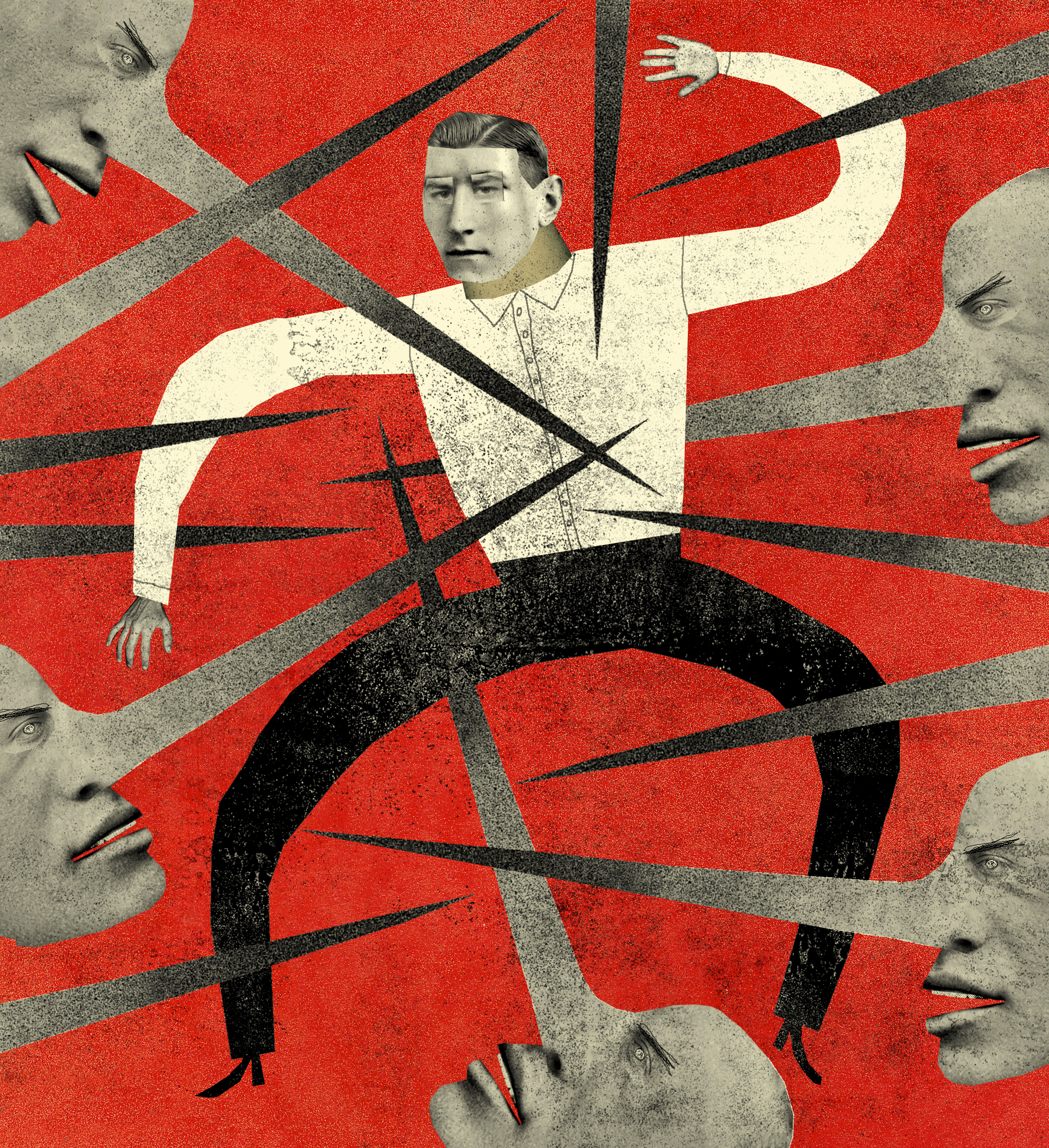 GIF of a surreal illustration of a man mid-stride on a red background, intersected by sharp black lines and surrounded by staring faces.