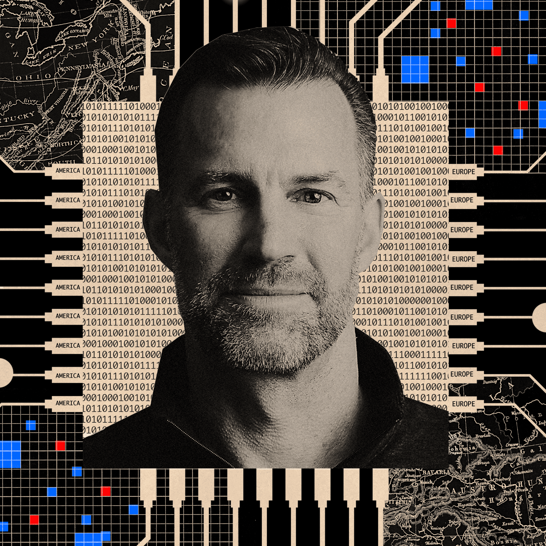 illustrated gif of a man with the background being the maps of the US and Europe and lines of web coding behind him