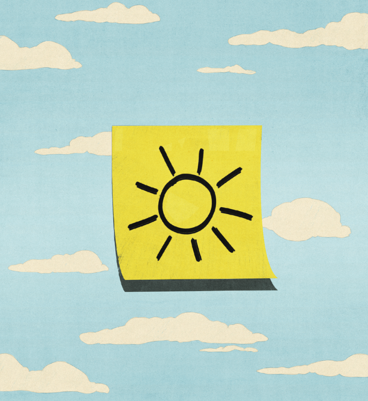 illustration of a blue sky with lots of white fluffy clouds and a yellow sticky note in the middle with a child-like drawing of a sun on it in black ink