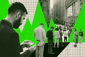 Black-and-white collage of people looking at smartphones, layered over a bright green jagged stock-market chart shape, with a city street and large financial-district buildings in the background and grid textures framing the scene.