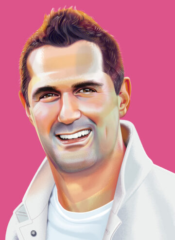 Illustrated portrait of Alex Davis, smiling, wearing a light jacket over a white shirt, against a pink background.
