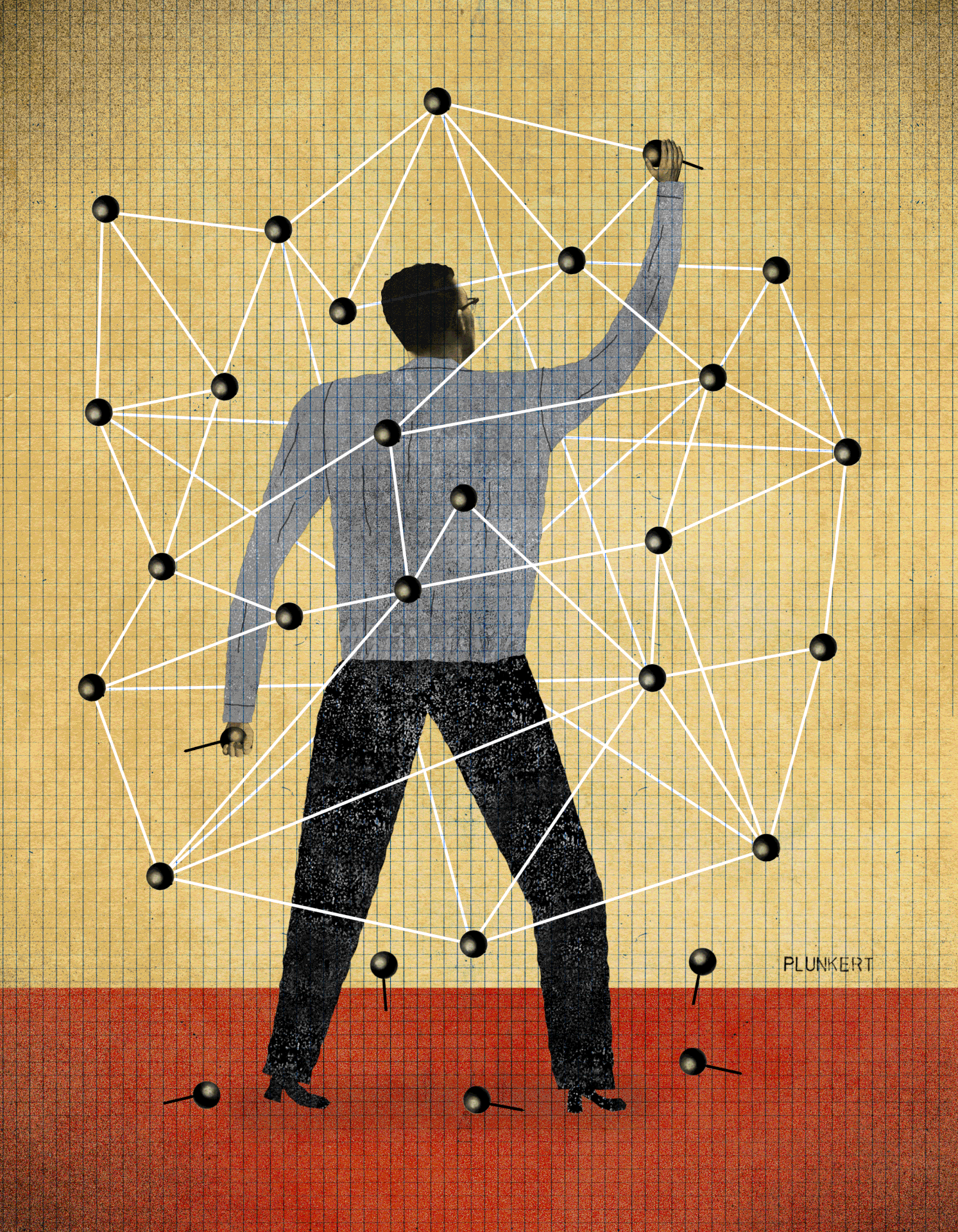 an illustrated gif of a man standing at a board with strings connected by pins in a complicated web.