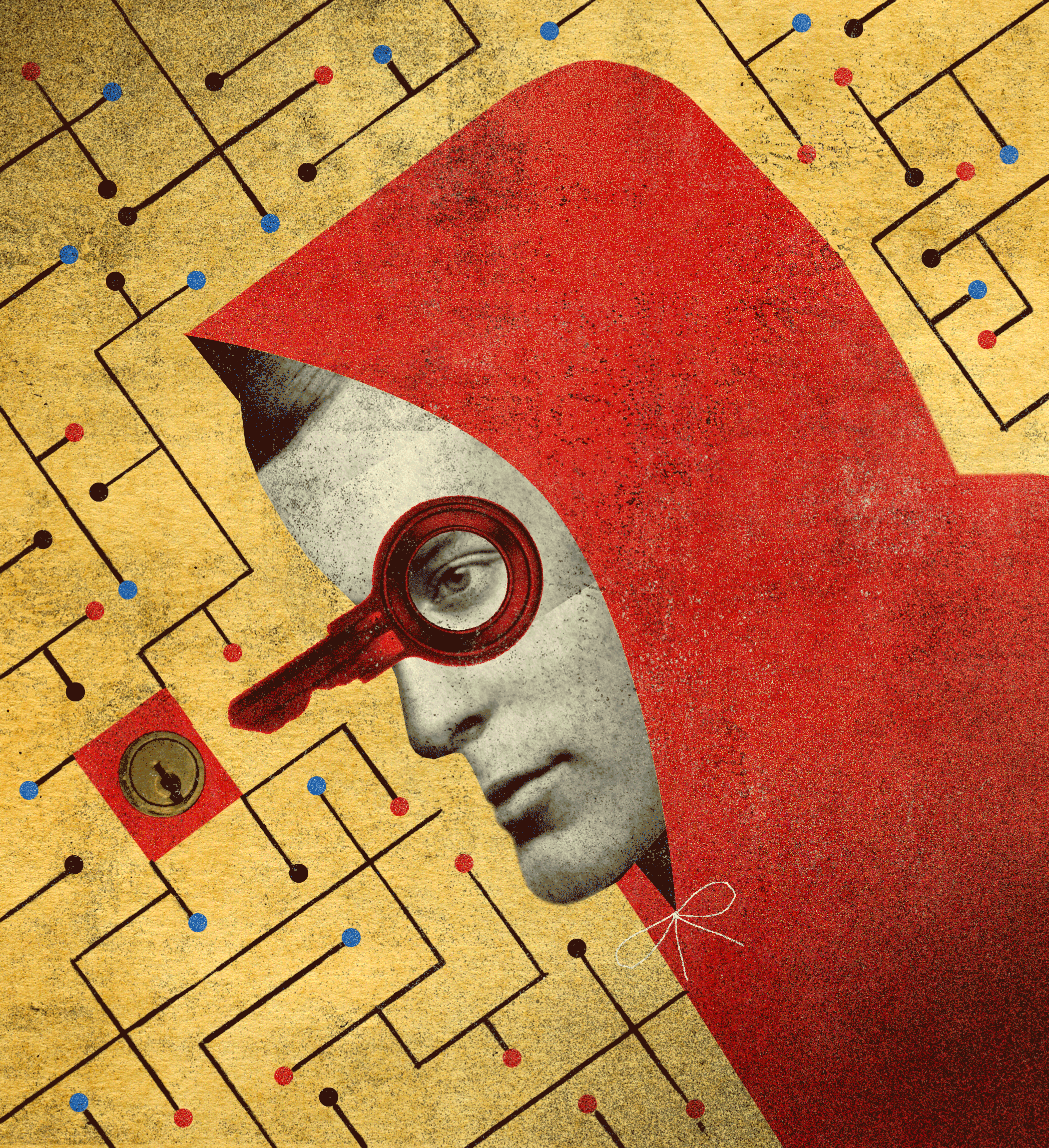 illustrated gif of a man in a red hood with a key over his eye and he is leaning to put it in a lock with a maze around him