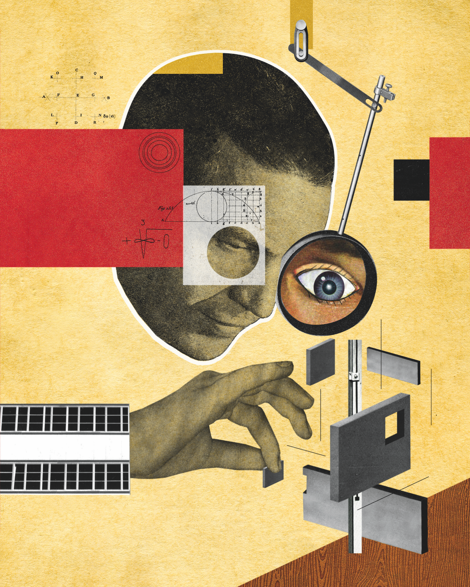 a collage illustration of a man looking through an eye piece at a pieced office space