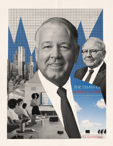 an illustrated collage of Warren Buffett, Larry Cunningham, his book cover