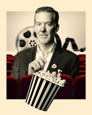 illustration of tim richards among red movie theatre seats and a bowl of popcorn in front of him with a film strip behind him