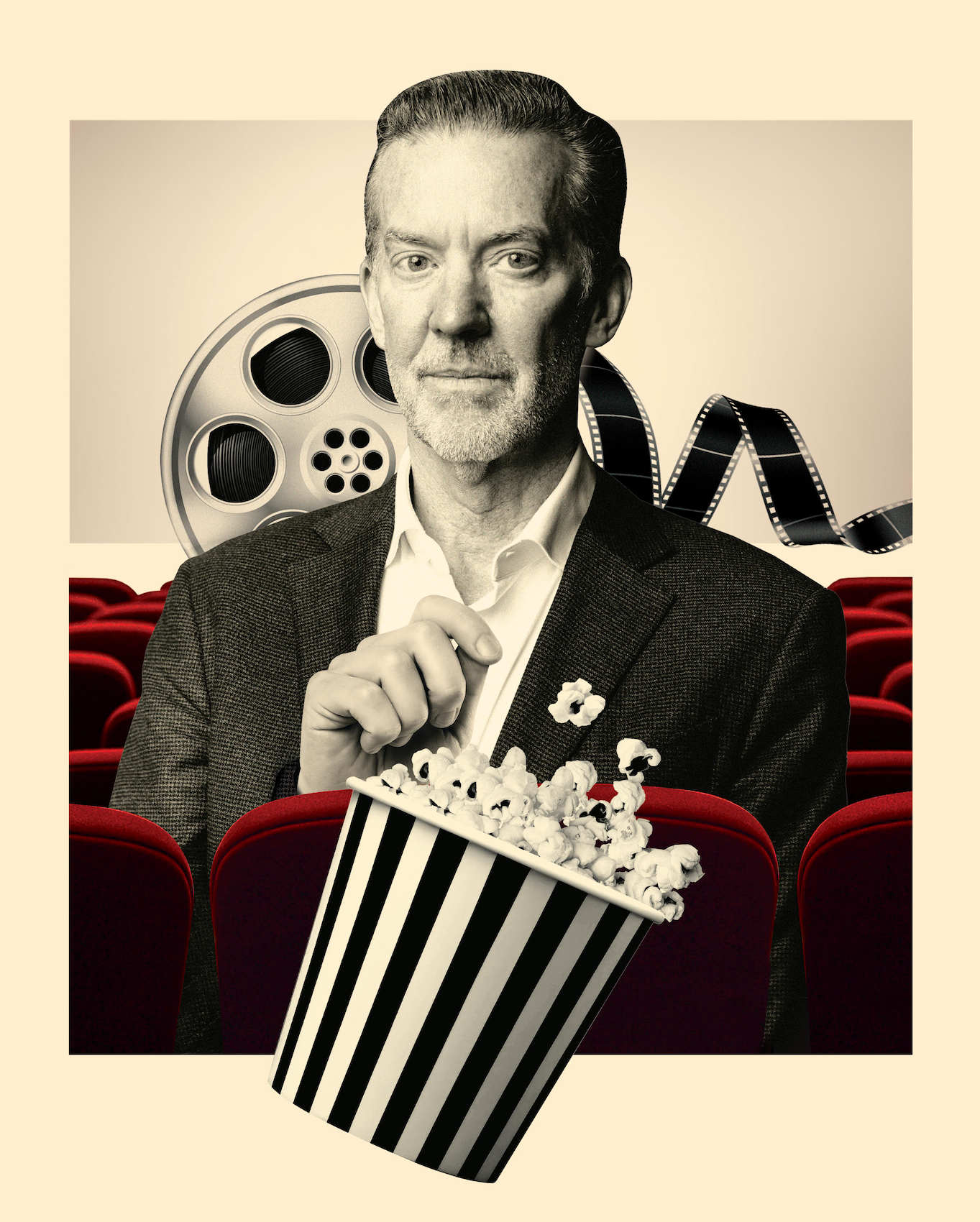 illustration of tim richards among red movie theatre seats and a bowl of popcorn in front of him with a film strip behind him