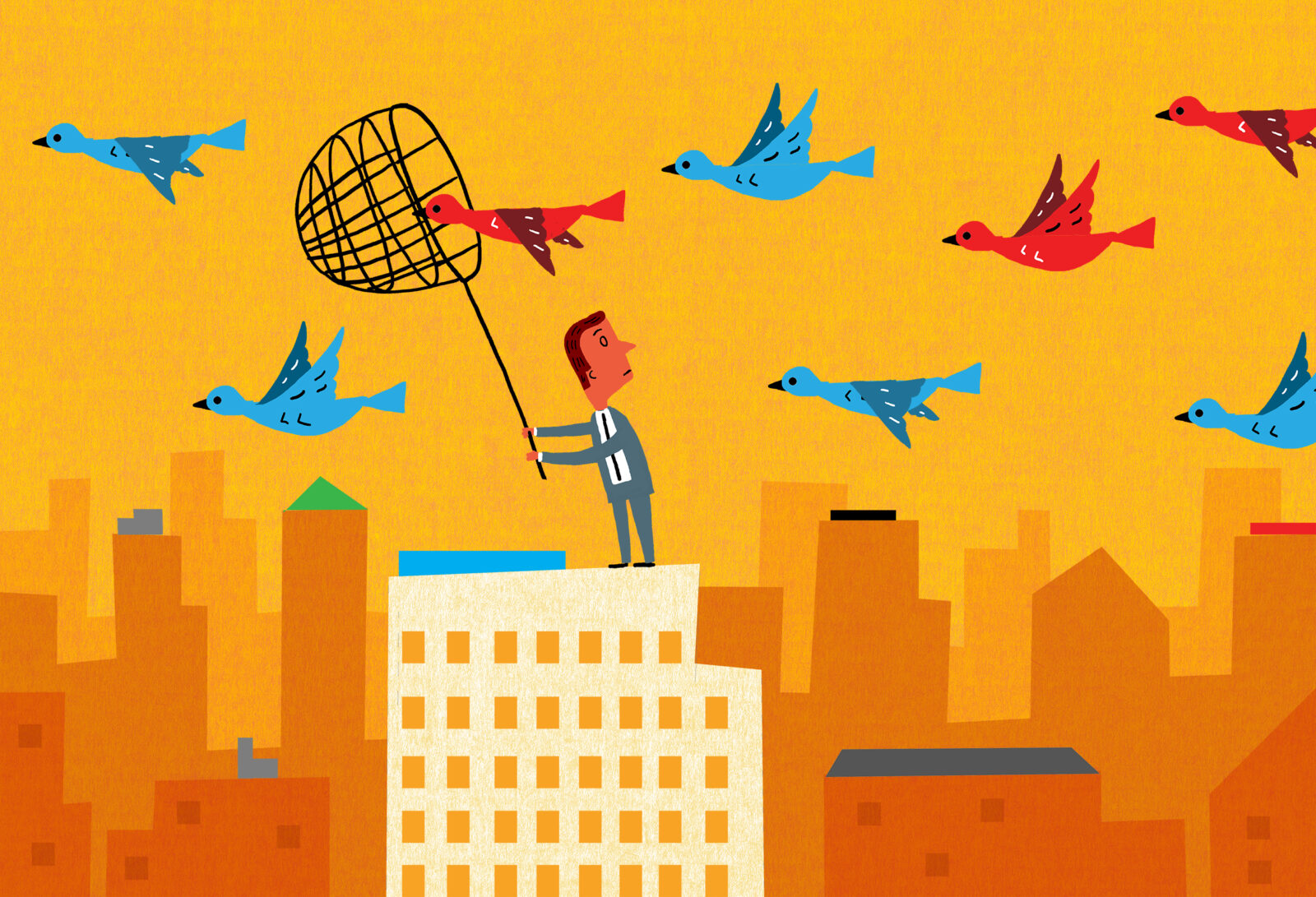 illustration of a man on top of a building with a net and there are blue and red birds flying, the main is trying to catch the red birds with the net