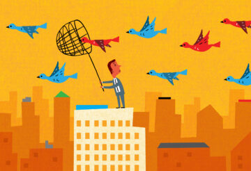 illustration of a man on top of a building with a net and there are blue and red birds flying, the main is trying to catch the red birds with the net