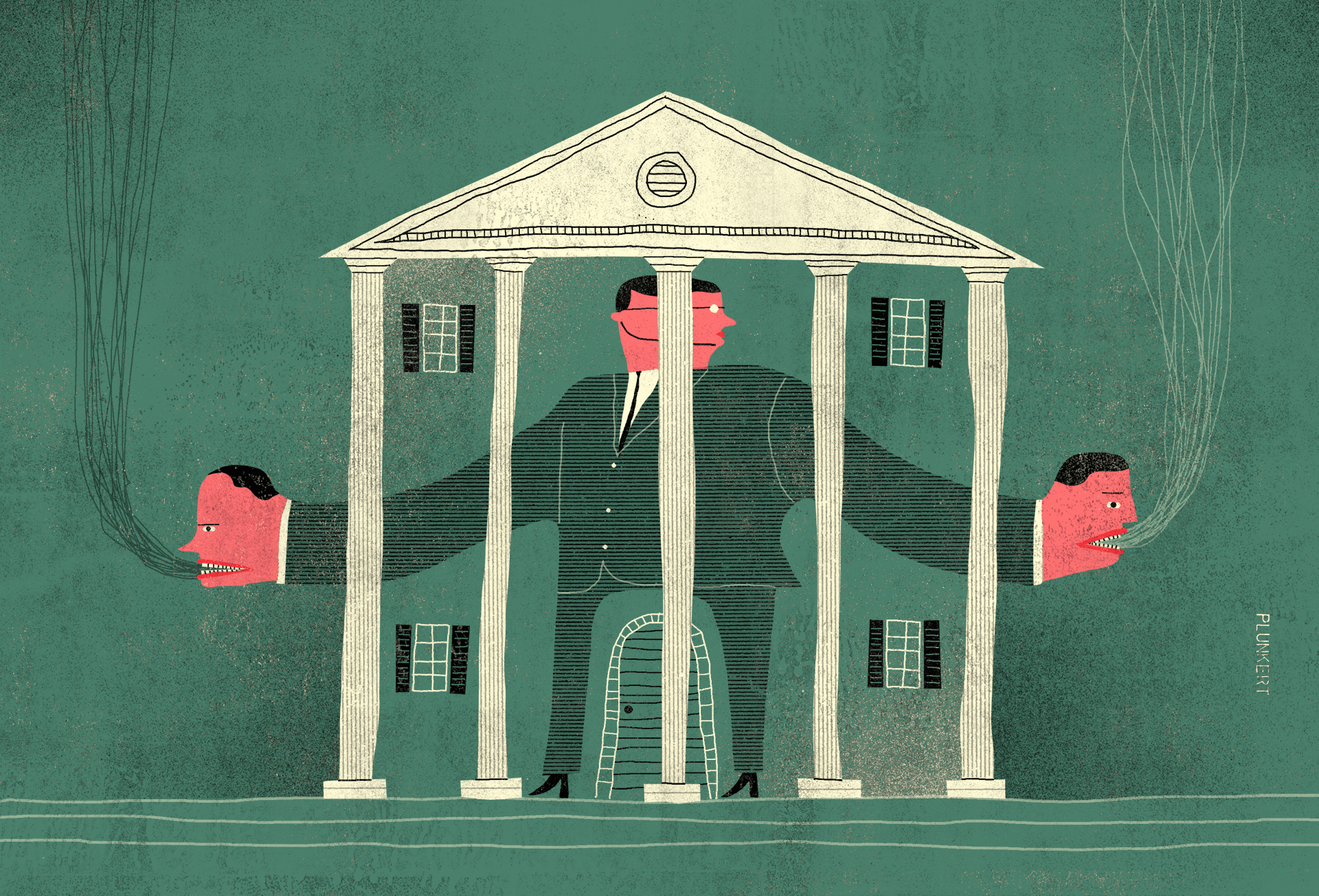 a GIF of a building with pillars and a two-headed person speaking out of each side