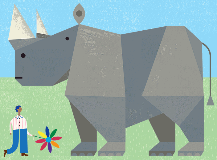 GIF illustration of a man offering a rhino a flower and the rhino smiling back at him