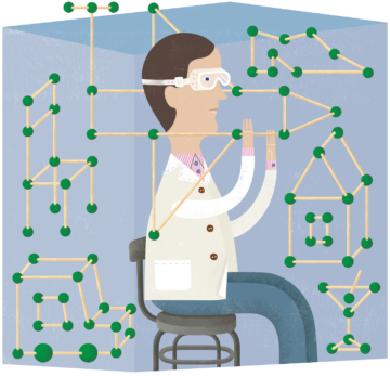 illustration of a chemist with goggles on and a white jacket working with green atoms
