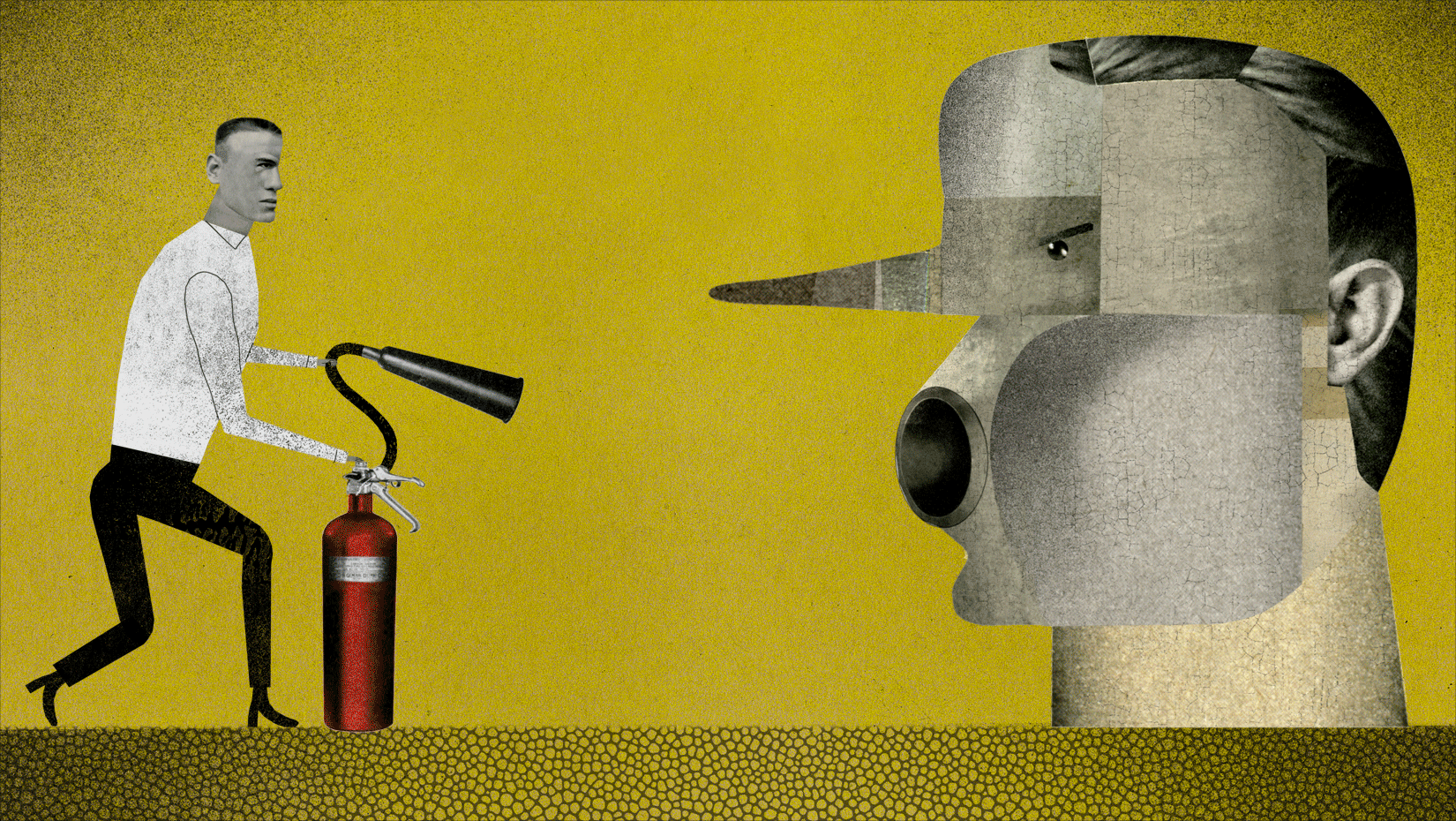 illustrated gif of someone using a fire extinguisher towards another exaggerated person who is breathing fire