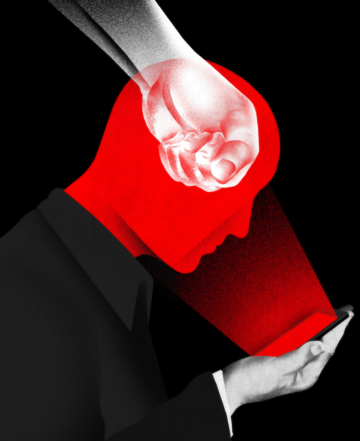 an illustration of a man looking at a phone screen which is beaming red and a fist entering the person's head